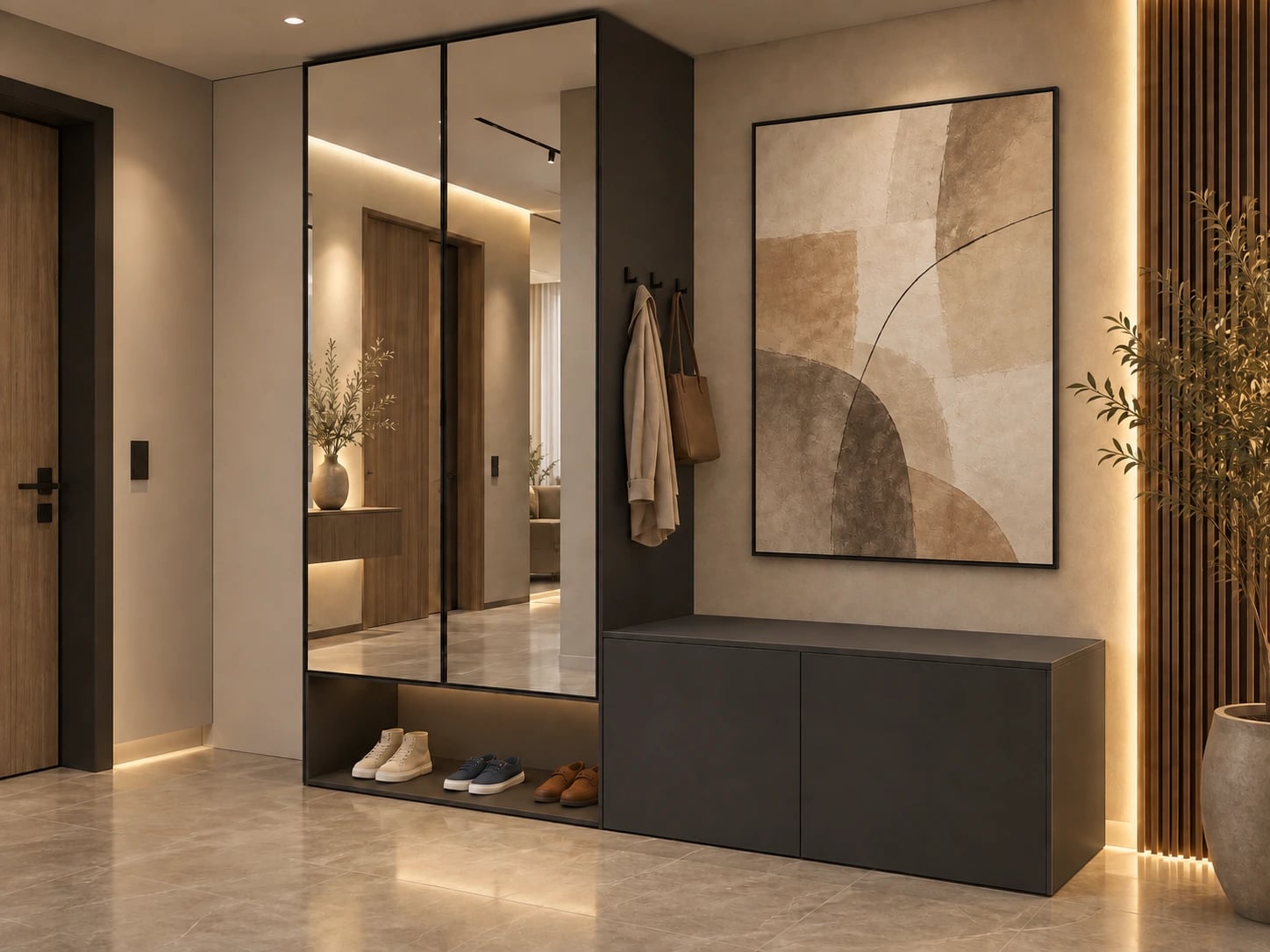 Шкаф распашной с зеркалом и тёмной тумбой